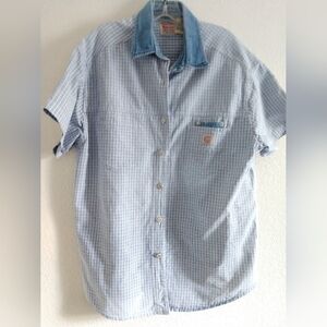 FLAW Vintage Ki Ko Mo Denim Plaid Shirt Short Sleeve 80s 90s Denim XLChest 44"